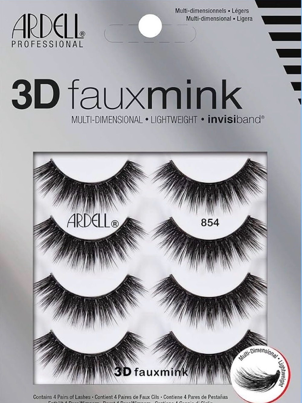 Ardell 3D Faux Mink Lashes 854, Black False Eyelashes, 4 Pairs